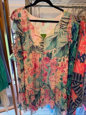 Lilly Pulitzer Pink, Green & Blue Tropical Floral Ruffle Dress